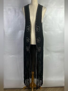Free People Women Black Long Fringe Vest One Size